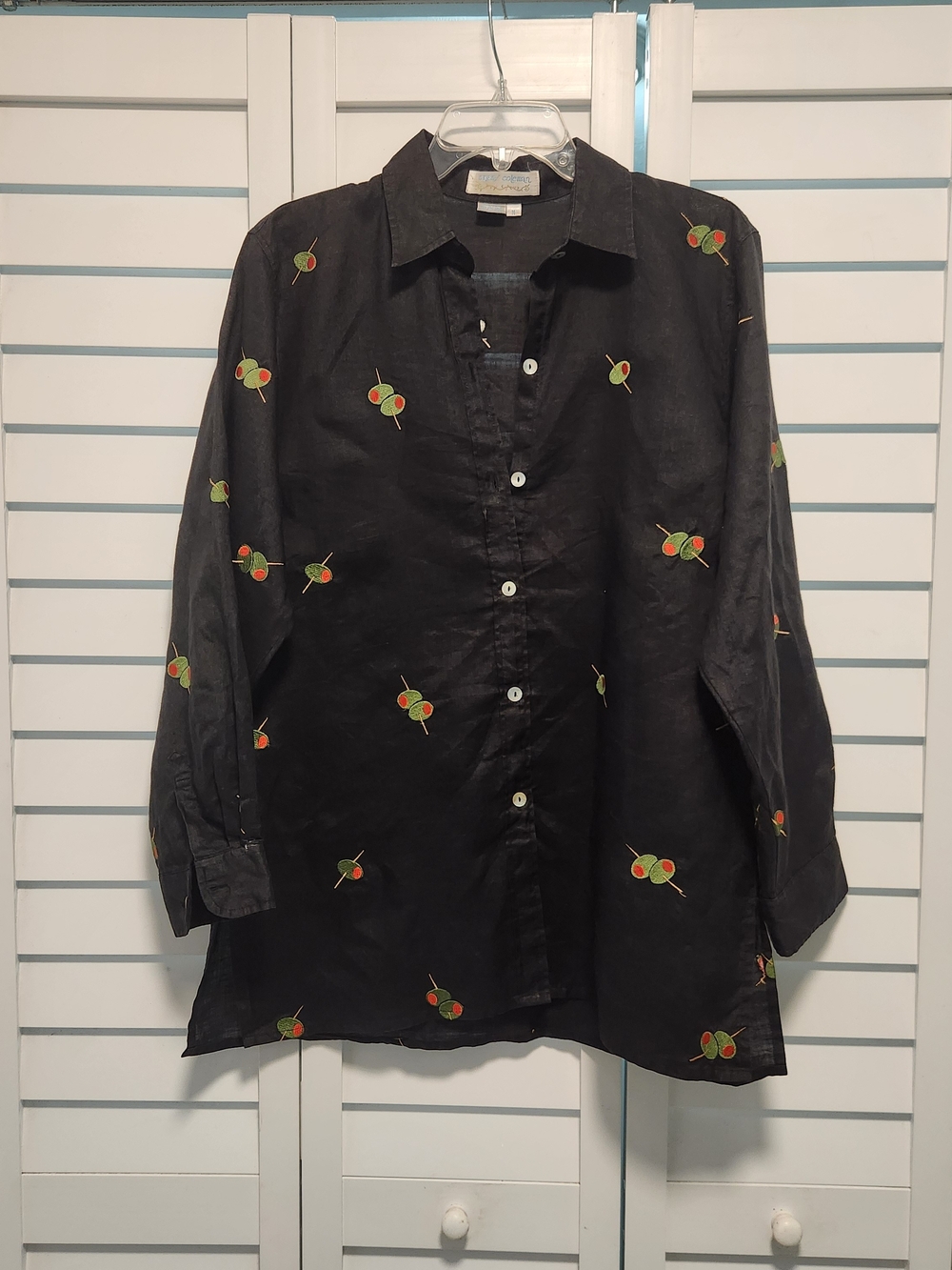 Casey Coleman Vintage 100% Linen Button Front Shirt Black  Embroidered L